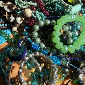 Blue and green costume jewelry, mostly bracelets and necklaces, 2.6 Ibs